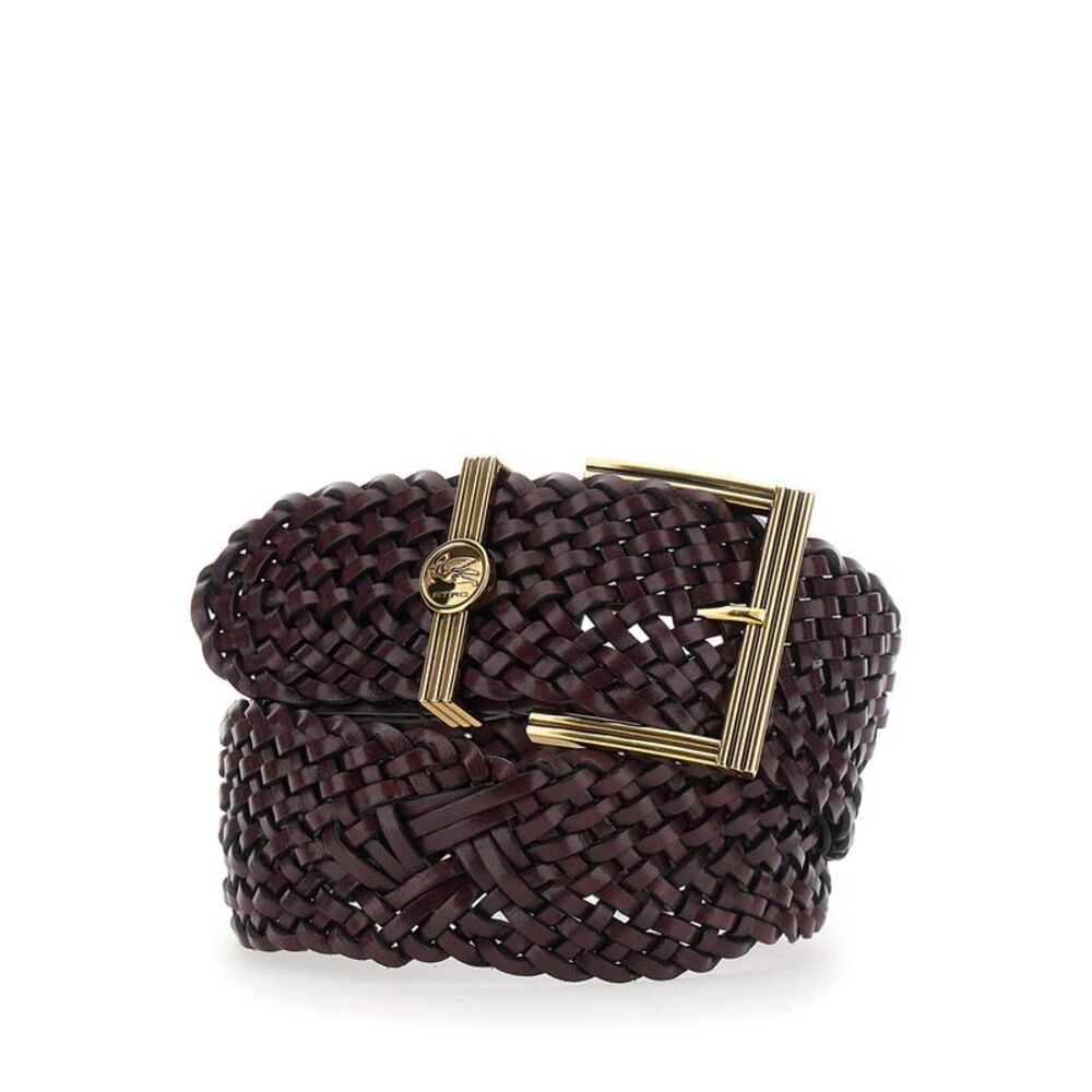 Etro Women Brown Belt With Woven Design And Pegaso Logo In Leather For Women